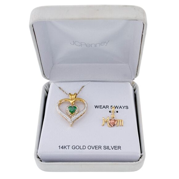NIB 14K Over Sterling Silver Synthetic Emerald CZ Convertible MOM Necklace - Picture 1 of 5